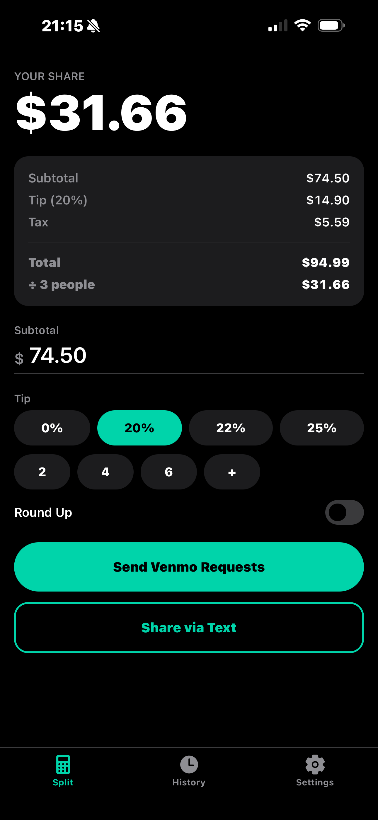 SplitSecond Pay calculation screen showing a bill split across several people