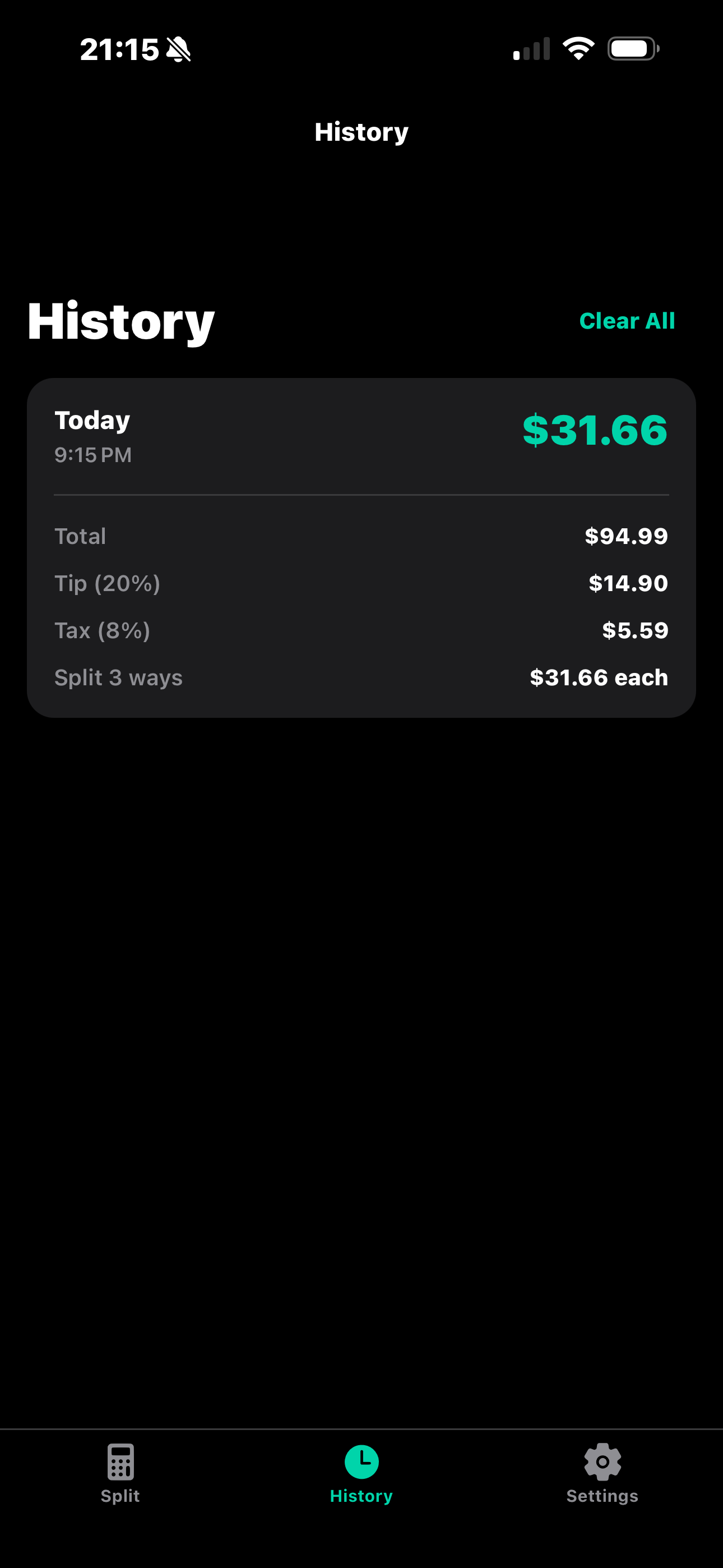 SplitSecond Pay screen showing a recent bill split and per-person amounts